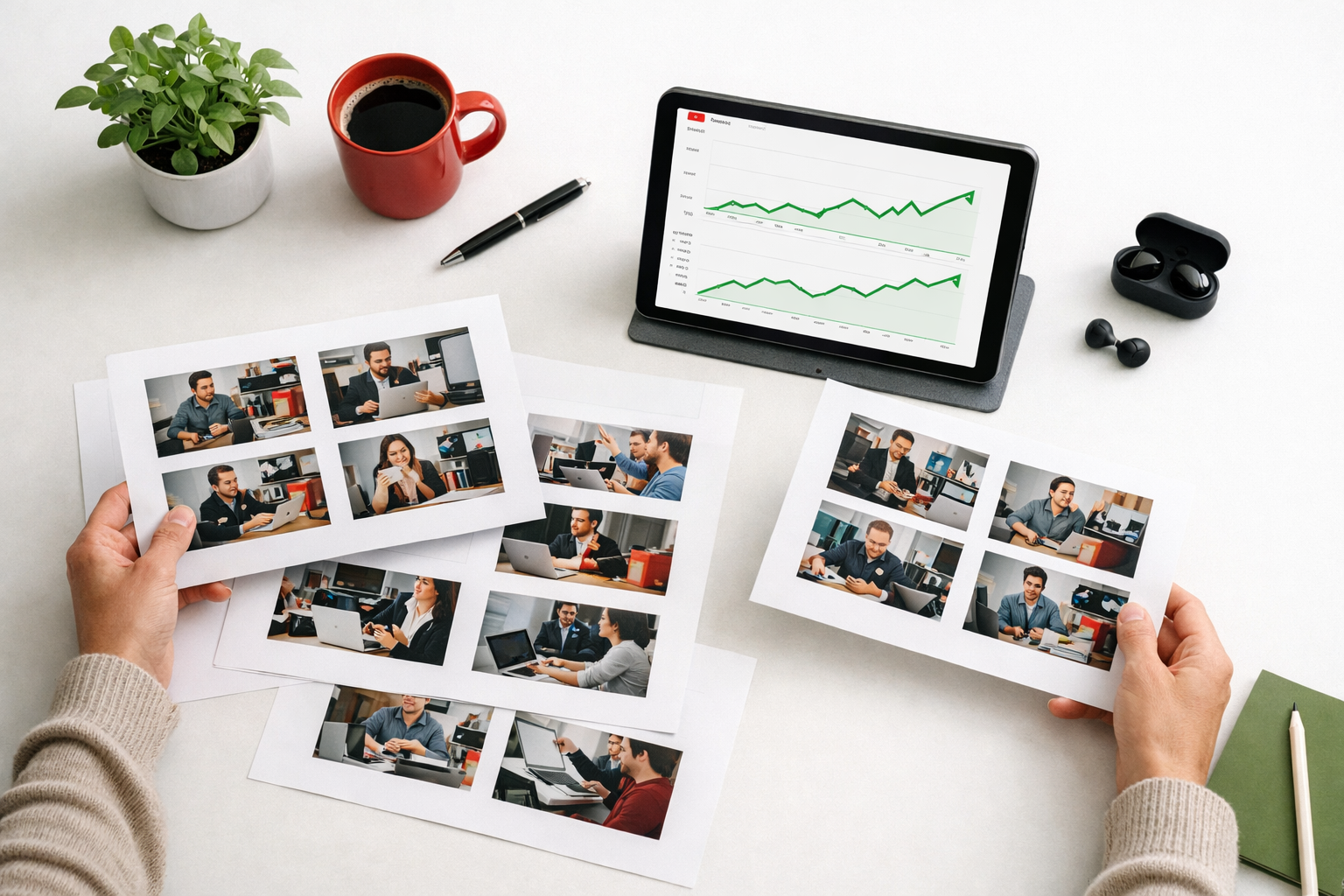 The 'Secret' Formula for High-CTR YouTube Titles and Thumbnails 4 Bird's-eye view of a content creator reviewing printed thumbnail A/B test variants spread across a clean white desk