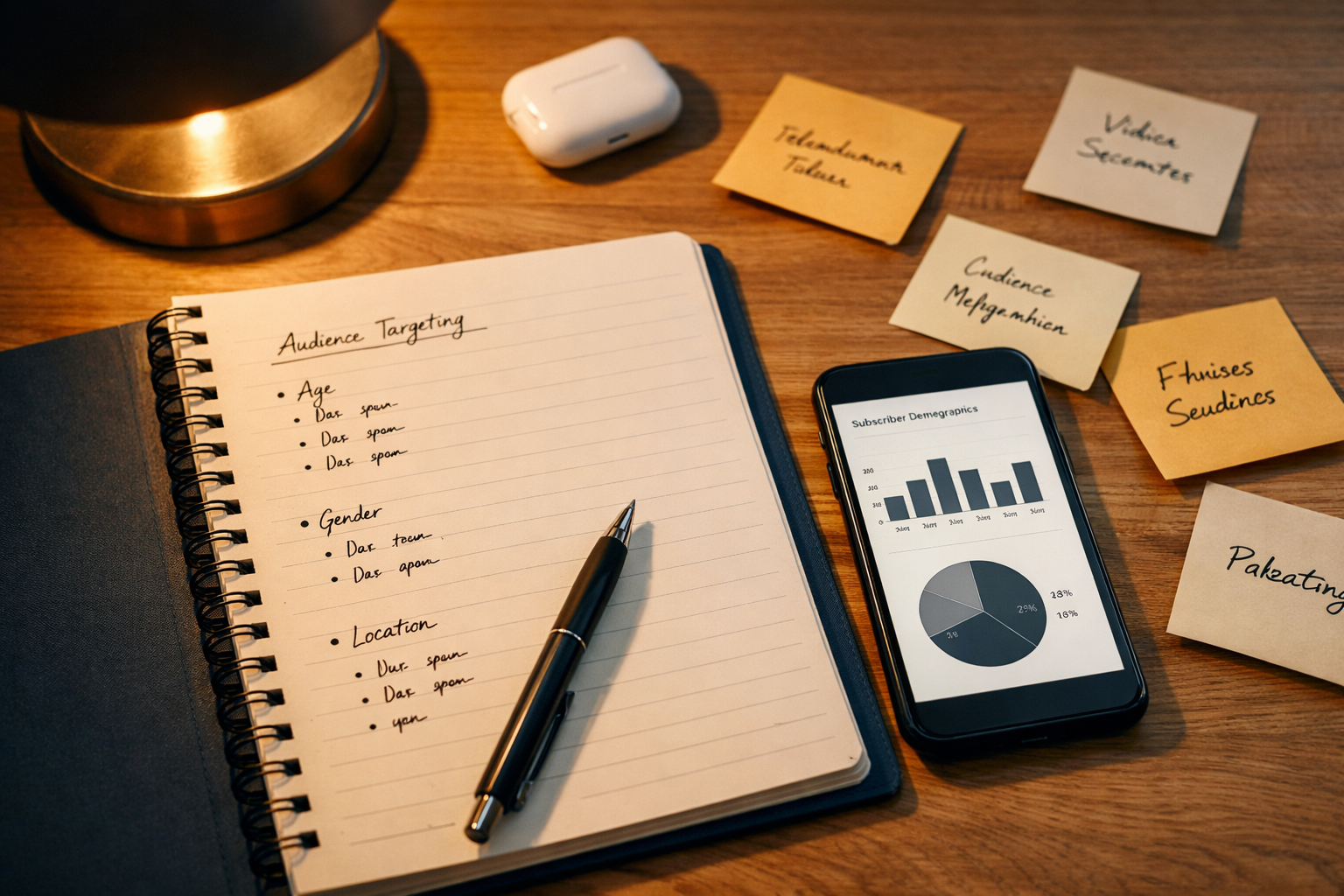 Why Most YouTube Channels Never Get Views 2 Close-up overhead shot of a YouTube creator's desk showing a notebook with audience targeting notes, a smartphone displaying