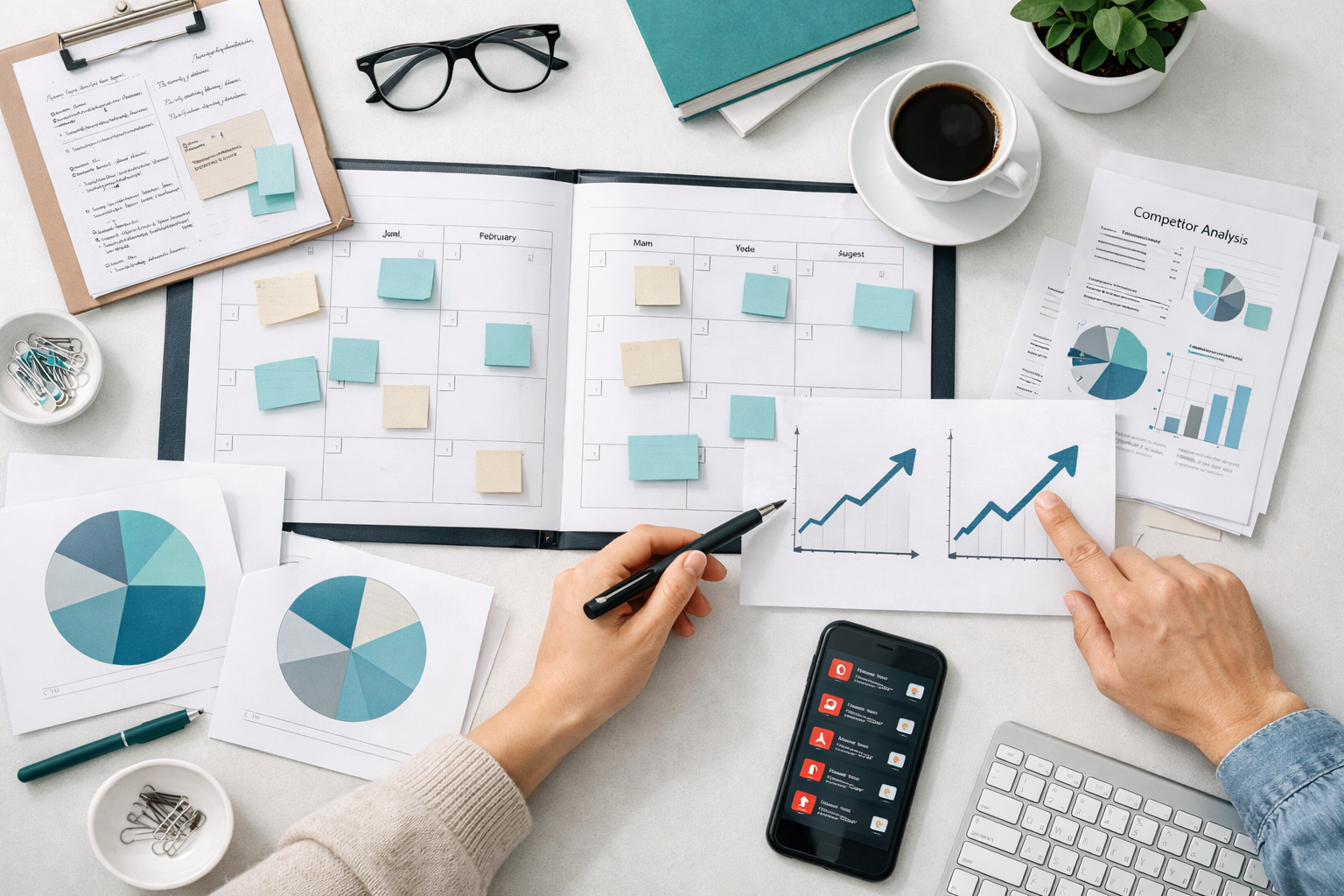 YouTube Channel Audit Checklist: Boost Channel Growth 4 Dynamic bird's eye view of a content planning session with a quarterly calendar spread, competitor analysis notes, traffic