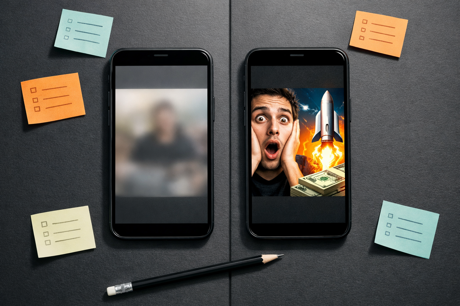 Why Your YouTube Videos Get No Impressions: Simple Fixes to Try 3 Split flat-lay composition showing two smartphones side by side on a dark surface, one displaying a weak blurry YouTube