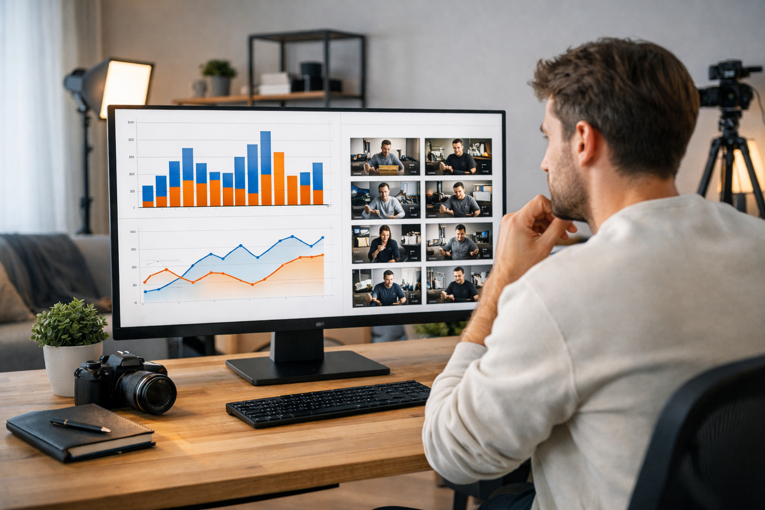 YouTube Channel Audit Checklist: Boost Channel Growth 3 Wide angle shot of a creator reviewing video performance analytics on a large monitor showing bar graphs and click-through