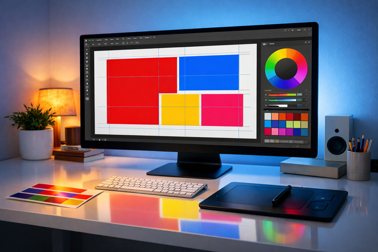 The 'Secret' Formula for High-CTR YouTube Titles and Thumbnails 3 Wide-angle shot of a graphic design workspace showing a large monitor with a YouTube thumbnail canvas open featuring color
