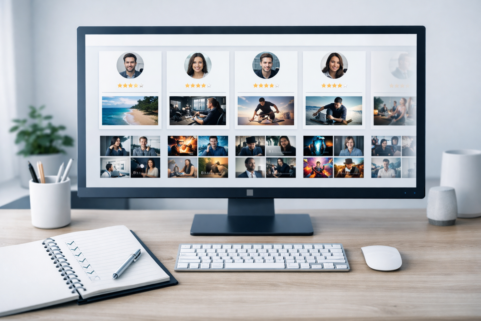 What to Outsource First in a YouTube Channel: A Simple Guide 3 Wide-angle view of a freelancer platform interface displayed on a large monitor, showing profile cards with star ratings and