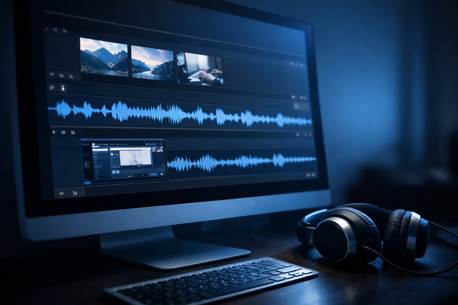 How to Grow a Faceless YouTube Channel: Expert Tips for Success 3 close-up side-angle shot of a computer monitor displaying a video editing timeline with stock footage clips, AI voiceover