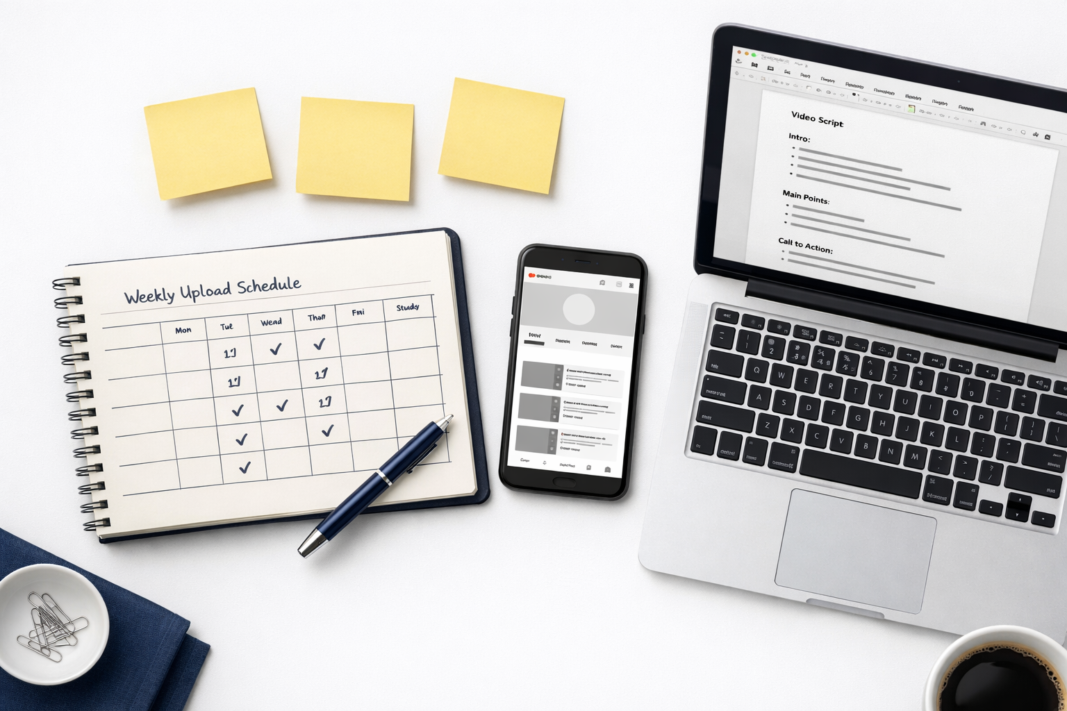 How to Grow a Faceless YouTube Channel: Expert Tips for Success 2 overhead flat-lay shot of a content planning workspace: a notebook with a weekly upload schedule, sticky notes with niche